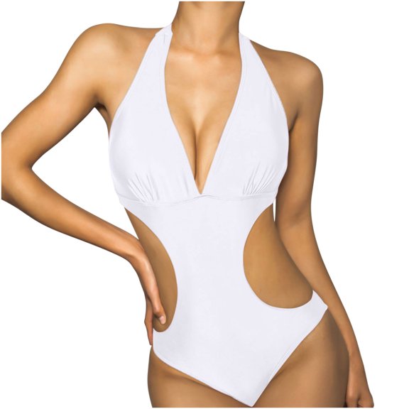Dezsed Women's Monokini Bathing Suit Cutout One Piece Swimsuit Deep V One-Pice Bandage Solid Color Halter Neck Swimsuit