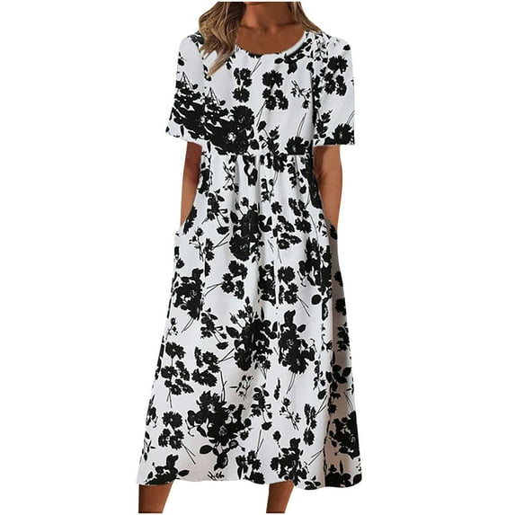 Dezsed Women's Summer Dresses Casual Short Sleeve Flowy Beach Dress Vintage Floral Printed Loose Dress with Pockets Black XL