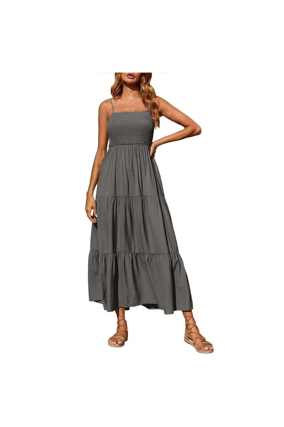 Women's Summer Maxi Dress Casual Boho Sleeveless Spaghetti Strap Smocked Tiered Long Beach Sun Dresses Gray B M