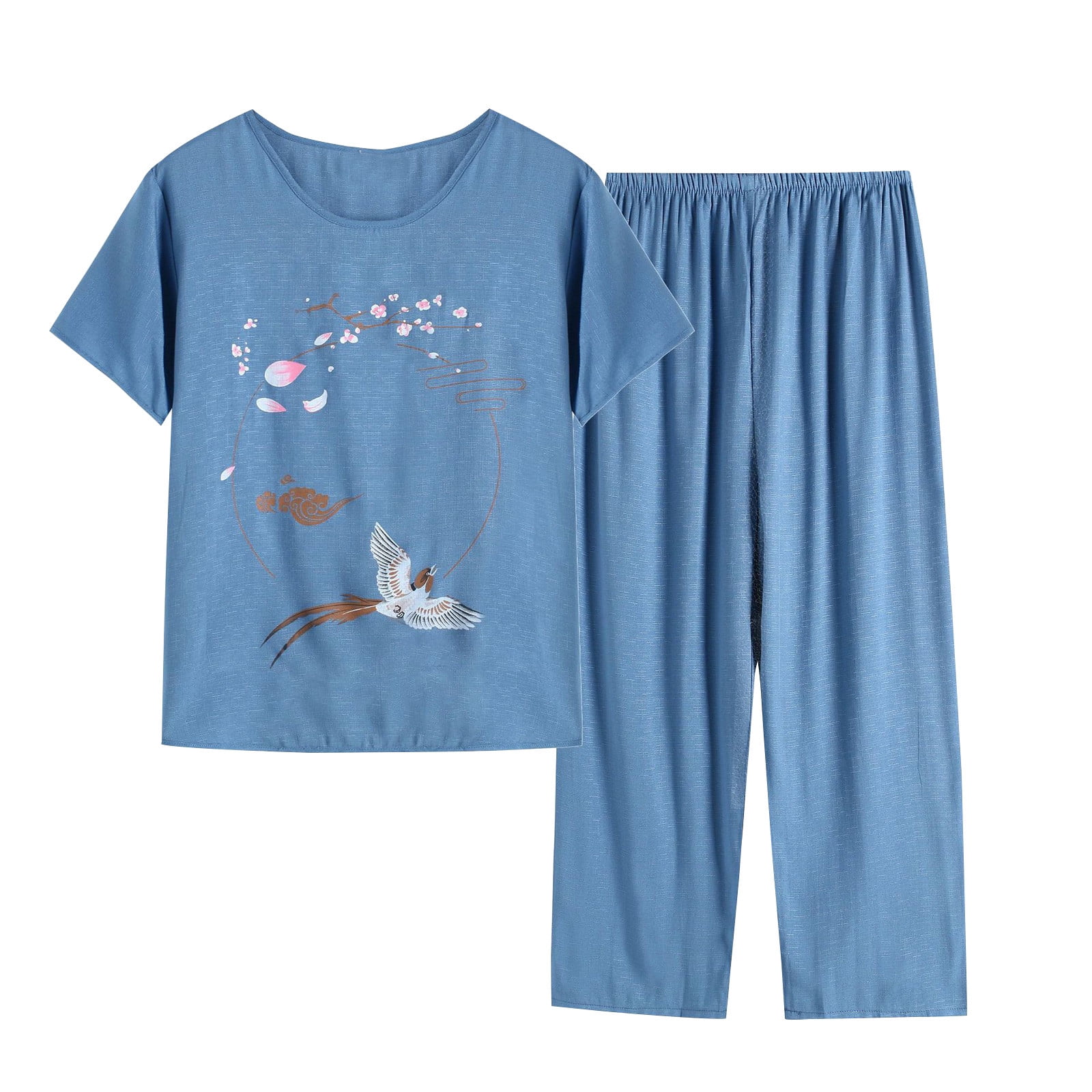 Summer Savings Clearance! Dezsed Womens 2 Piece Outfits Pajamas Sets Summer Casual Outfits Short Sleeve Round Neck Pajama Set Printed Tops Pants Set Blue XXXXL