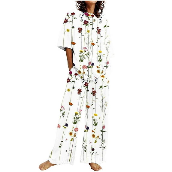 Summer Savings Clearance! Dezsed Womens Linen Cotton 2 Piece Sets Outfits Summer Casual Short Printing Tops Wide-Leg Pants Loose Outfits White L