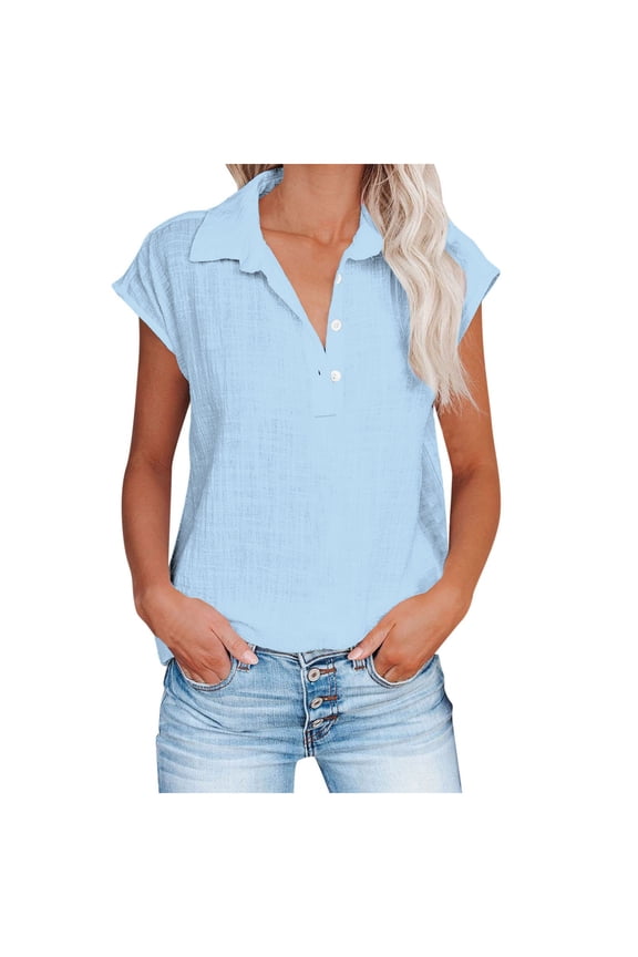 Womens Shirts Casual Work Tops Fashion Solid Button Shirt Female V-Neck Loose T-Shirt Blouse W-Sky Blue M