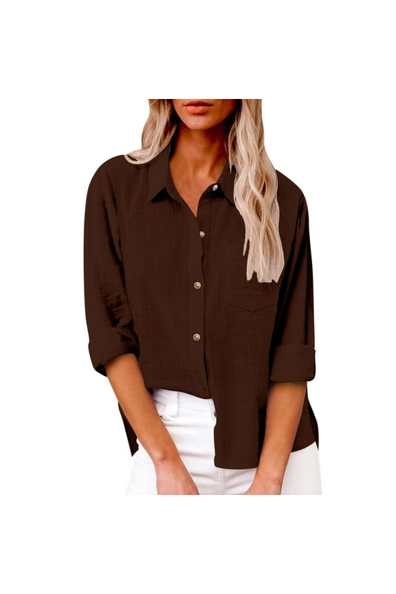 Womens Shirts Solid Color Button Shirts Casual V Neck Loose Blouse Long Sleeve Work Tunic Tops with Pocket Brown XXL