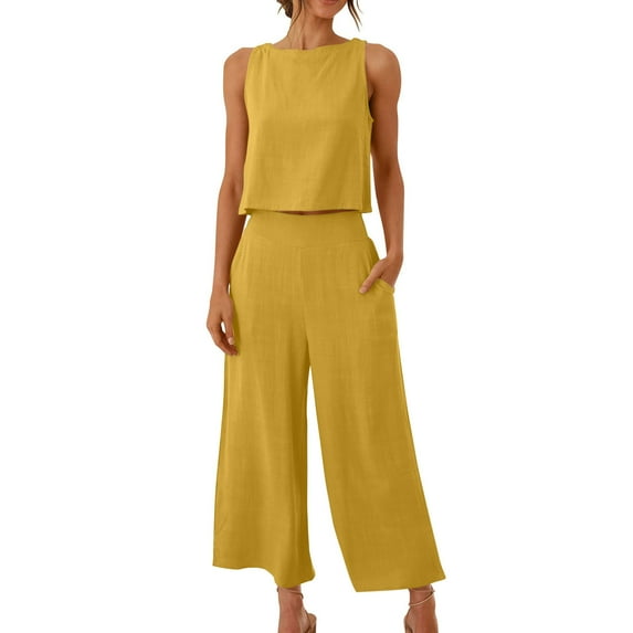 Summer Savings Clearance! Dezsed Womens Summer 2 Piece Outfits Casual Round Neck Sleeveless Blouse + Wide-Leg Pants Loose Suit with Pocket Yellow XXXXL