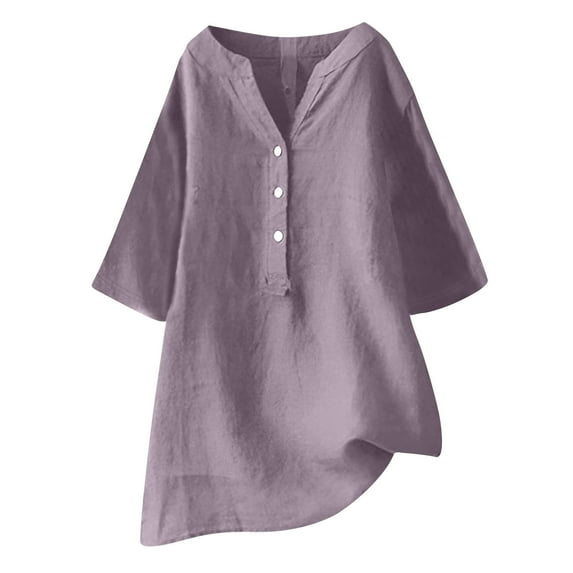 Dovford Plus Size Tops for Women 3/4 Roll Sleeve Cotton And Linen Tunic Shirts Casual V Neck Button Shirt Solid Color Loose Blouses