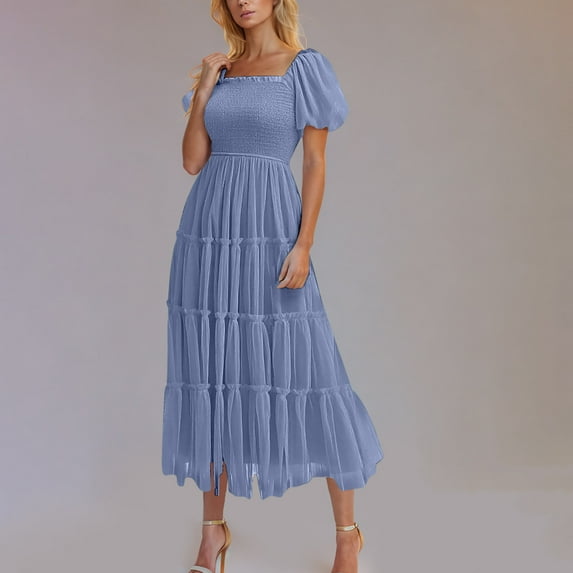 Dresses! Xqxayjr Summer Midi Tulle Dresses for Women Swing Flowy Square Neck Ruffle Flowy Casual Wedding Guest Dresses Puff Short Sleeve Smocked A-Line Beach Vacation Dress