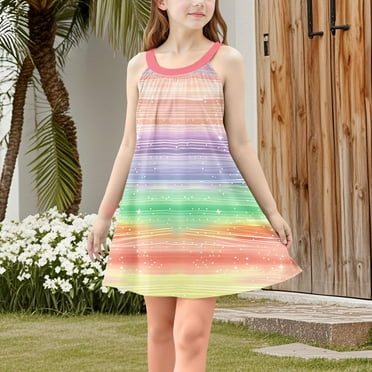 Summer Savings Clearance Dresses for Girls 4-15Y Casual Dressy Sleeveless Crew Neck Gradient Camisole Mini A-Line Dress Tween Girls Trendy Clothes