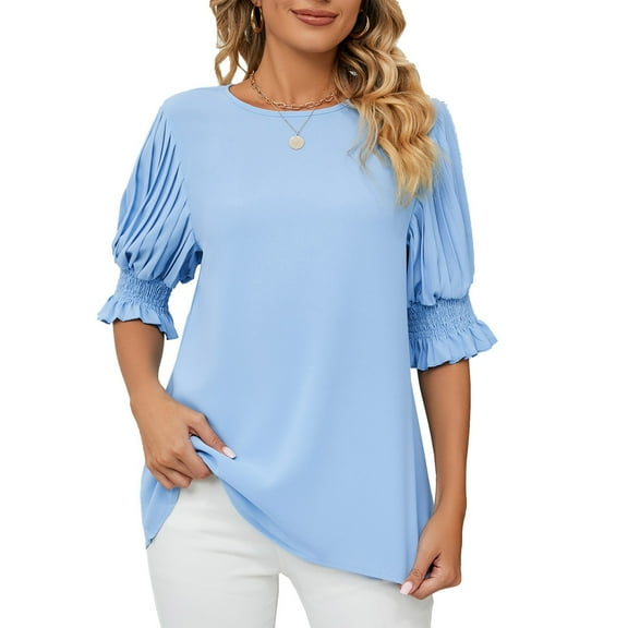 ECZHAW Blouses for Women Dressy Casual 3/4 Length Sleeve Womens Tops with Smocked Cuffs