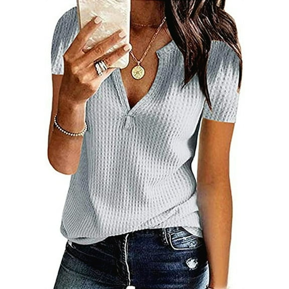 ECZHAW Summer Tops for Women Knit Short Sleeve V Neck Henley Shirts Loose Fit Casual T-Shirts Tunic Blouses Plus Size