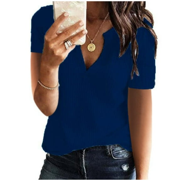 ECZHAW Summer Tops for Women Knit Short Sleeve V Neck Henley Shirts Loose Fit Casual T-Shirts Tunic Blouses Plus Size