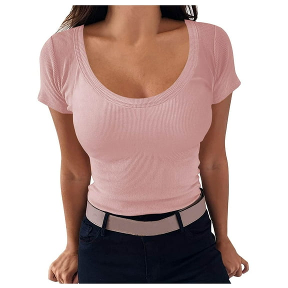 ECZHAW T Shirts for Women Short Sleeve Crewneck Shirt 2025 Summer Ribbed Knit Slim Fit Basic Solid Color Tee Tops