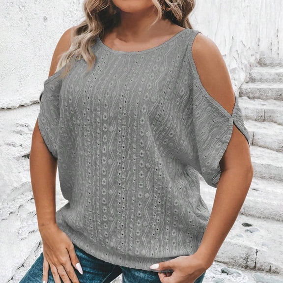 ECZHAW Women Cold Shoulder O-Neck Short Sleeve Loose Fit Summer Shirt Blouse Tops