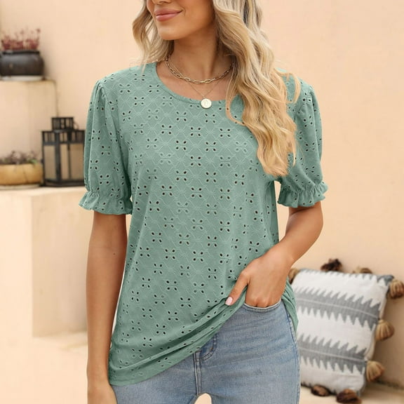 ECZHAW Women Summer Casual Short Sleeve T-Shirts V Neck Loose Fit Eyelet Elegant Holiday Blouses Tunic Tops Fashion Clothes