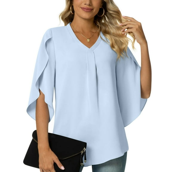 ECZHAW Women's Casual Blouse Tops Solid Color V Neck Half Ruffle Sleeve Flowy Shirt Dressy Work Office Elegant Basic Tuni Tops