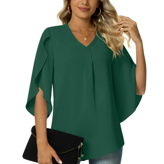 ECZHAW Women's Casual Blouse Tops Solid Color V Neck Half Ruffle Sleeve Flowy Shirt Dressy Work Office Elegant Basic Tuni Tops