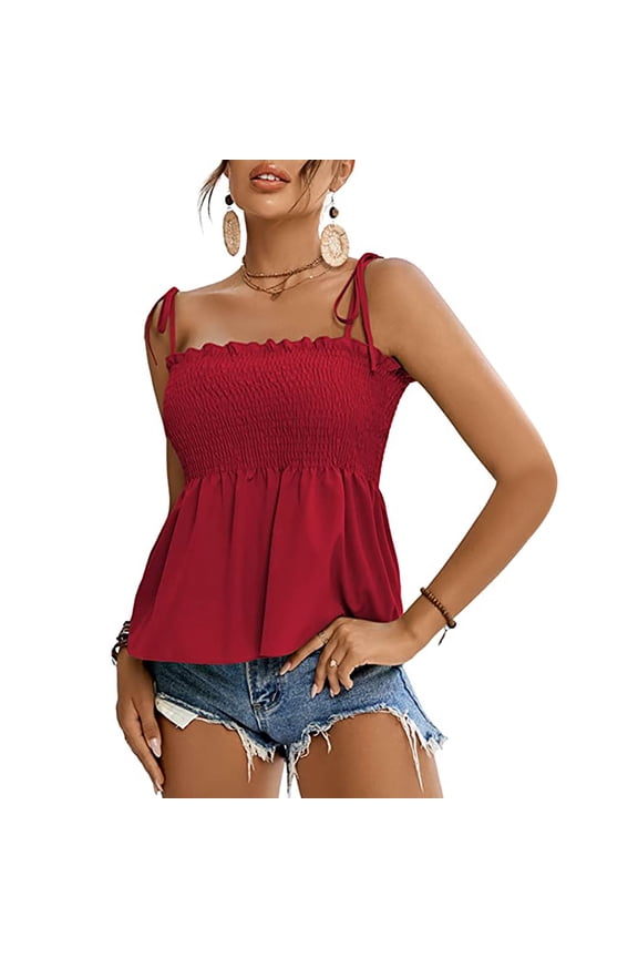 Women's Tie Shoulder Frill Shirred Ruffle Hem Sleeveless Strappy Cami Blouse Peplum Top
