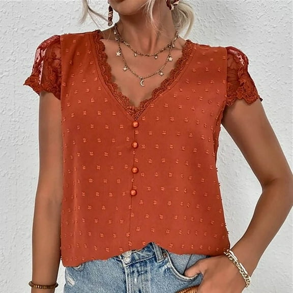 ECZHAW Women's V Neck Lace Crochet Tunic Tops Flowy Casual Blouses Shirts