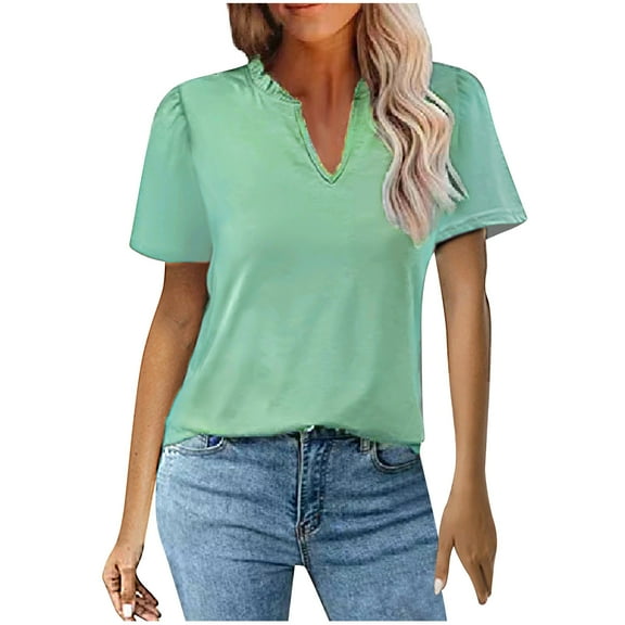 ECZHAW Women's V Neck Summer Tops Casual Short Sleeve T Shirts Basic Loose Fit Dressy Tees
