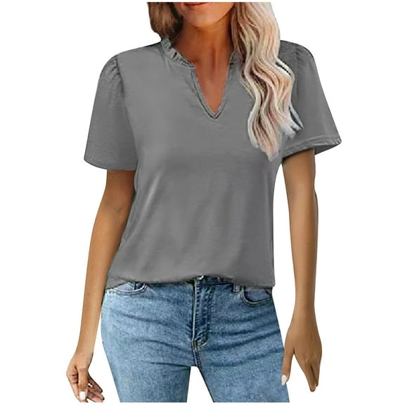 ECZHAW Women's V Neck Summer Tops Casual Short Sleeve T Shirts Basic Loose Fit Dressy Tees