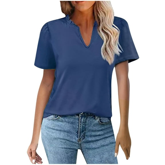 ECZHAW Women's V Neck Summer Tops Casual Short Sleeve T Shirts Basic Loose Fit Dressy Tees