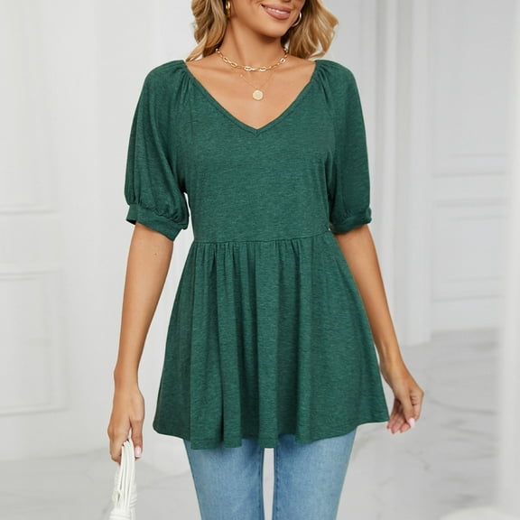 ECZHAW Womens Puff Short Sleeve Tunic Tops V-Neck Pleated Flare Blouse T-Shirts with Smocked Cuffs