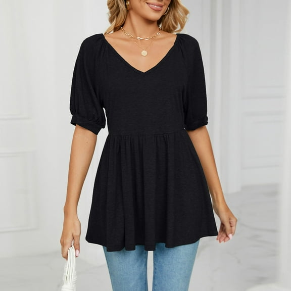 ECZHAW Womens Puff Short Sleeve Tunic Tops V-Neck Pleated Flare Blouse T-Shirts with Smocked Cuffs