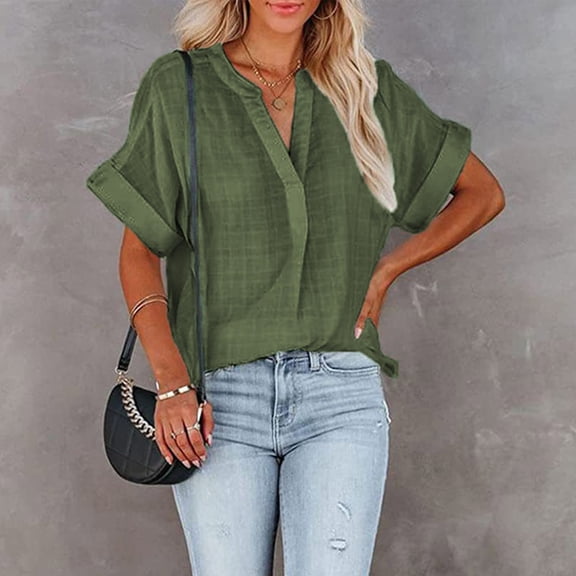 ECZHAW Womens Summer Short Sleeve Tops Stylish V-Neck Roll-Up Sleeve Tunic Shirts Casual Solid Color Loose Fit Blouse Tee