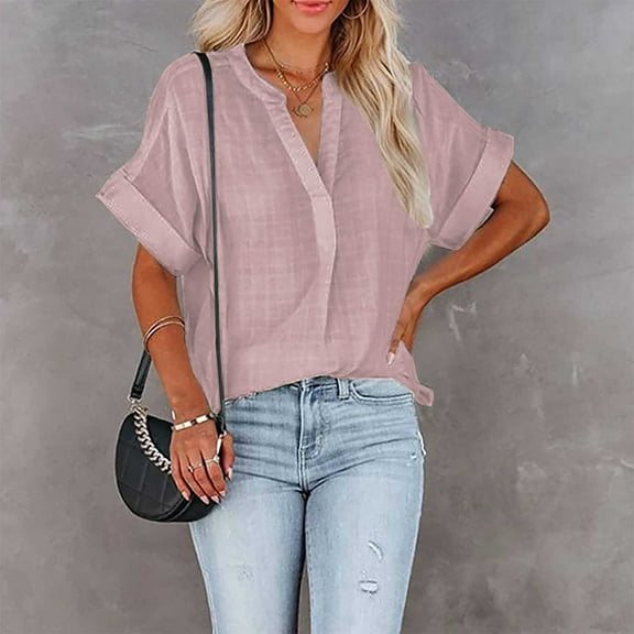 ECZHAW Womens Summer Short Sleeve Tops Stylish V-Neck Roll-Up Sleeve Tunic Shirts Casual Solid Color Loose Fit Blouse Tee