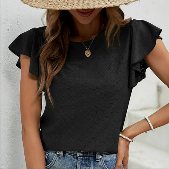 ECZHAW Womens Summer Tops Casual Crewneck Ruffle Short Sleeve T Shirts Hollow out Tunic Top Loose Fit