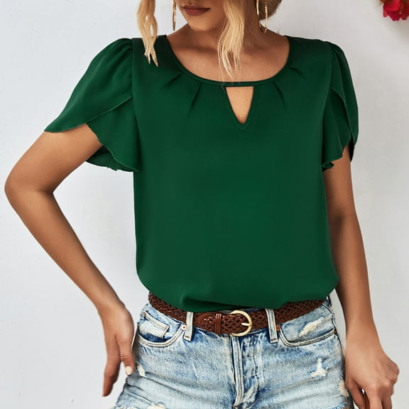 ECZHAW Womens Tops Dressy Casual Business Work Blouses Short Ruffle Sleeve V Neck Cute Summer Shirts Trendy Outfits