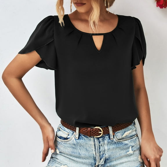 ECZHAW Womens Tops Dressy Casual Business Work Blouses Short Ruffle Sleeve V Neck Cute Summer Shirts Trendy Outfits