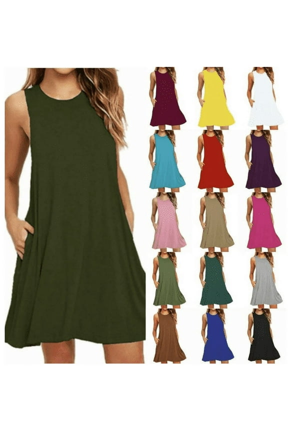 Summer Dresses for Women Beach Sundress Sleeveless Casual Loose Party Tank Dress with Pockets