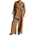 thumbnail image 1 of Ecqkame 2 Piece Outfits for Women Cotton Linen Long Sleeve Button Shirt and Flare Wide Leg Pants Streetwear Khaki XXXL, 1 of 6