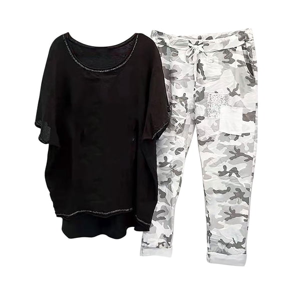 Summer Savings Clearance! Ecqkame 2 Piece Sets for Women Short Sleeve Blouse Tops Wide Leg Pants Sets Casual Loungewear Black S