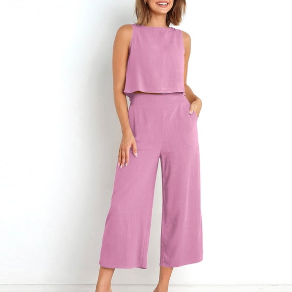 Ecqkame 2 Piece Sets for Women Summer Sleeveless Loose Round Neck Crop Top and Flare Long Pants Casual Sets Pink B S