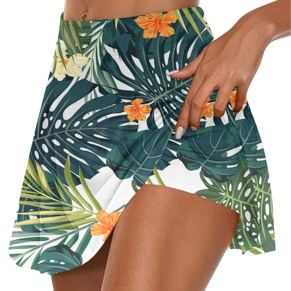 Ecqkame Athletic Shorts for Women Plus Size Summer Floral Print Pleated Tennis Skirts Athletic Stretchy Running Shorts Yoga Shorts B_Green L