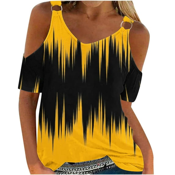 Ecqkame Casual Tops for Women Fashion Loose Casual Printed Short Sleeve off-The-Shoulder Blouses Womens Tops Yellow XXXL