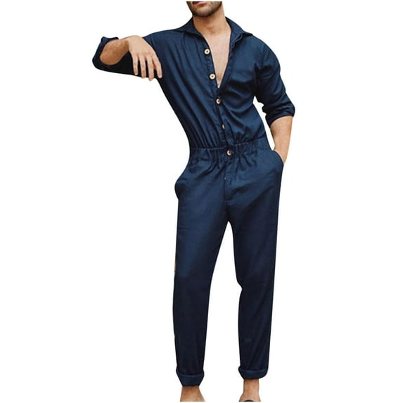 Ecqkame Coveralls for Men New Thin Fashion Casual Cargo Button Sleeve Lapel Solid Color Jumpsuit for Men Dark Blue XXXL
