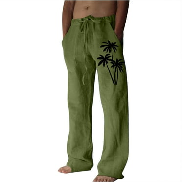 Summer Savings Clearance! Ecqkame Linen Pants Men Linen Loose Leisure Hawaiian Print Beach Elastic Waist Drawstring Sweatpants for Men Green B XXL