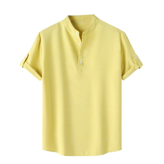 Summer Savings Clearance! Ecqkame Mens Summer Tops Loose Casual Solid Color Short Sleeve Button Shirt Beach Walking Tops Golf Shirts for Men Yellow S