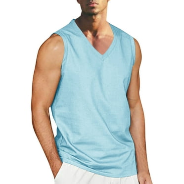 Summer Savings Clearance! Ecqkame Mens Tank Tops Sleeveless Loose Casual Fashion Solid Color V-Neck Athletic Running Tops Mens Summer Tops Sky Blue L