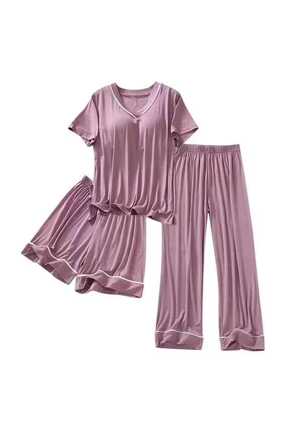 Pajama Sets for Women Solid Silk satin Short Sleeve Padded Top Stretchy Loungewear 3 Piece Pajamas Set Hot Pink XXXL