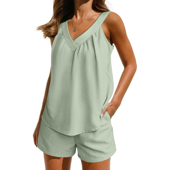 Ecqkame Pajama Sets for Women 2 Piece Casual Sleeveless Solid Color Pajama Set with Pockets Mint Green L