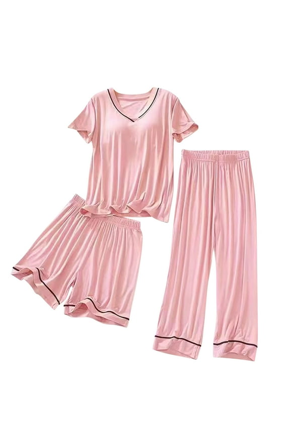 Ecqkame Pajama Sets for Women Solid Silk satin Short Sleeve Padded Top Stretchy Loungewear 3 Piece Pajamas Set Pink XL