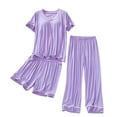 thumbnail image 1 of Ecqkame Pajama Sets for Women Solid Silk satin Short Sleeve Padded Top Stretchy Loungewear 3 Piece Pajamas Set Purple XL, 1 of 4