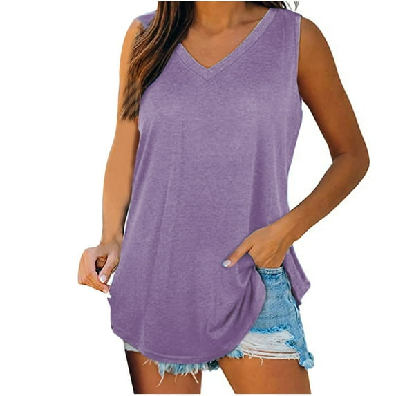 Ecqkame Plus Size Tops for Women Sleeveless V-Neck Basic Casual Flowy Lightweight Breathable Tank Tops for Women 2024 Purple B L
