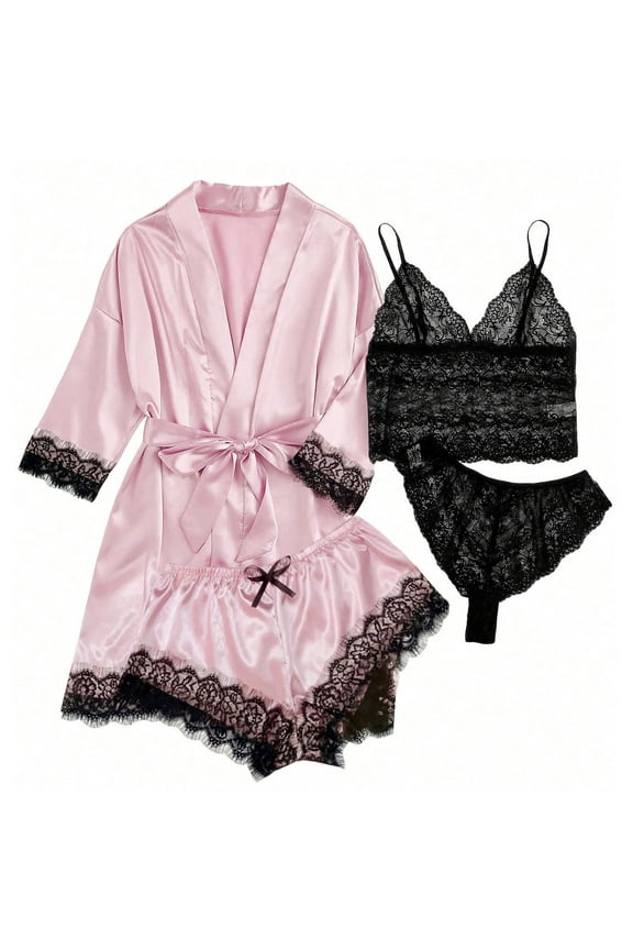 Robes for Women 4 Piece Solid Lace Underwear Lingerie Satin Pajama Soft V-Neck Sleepwear Orange XL