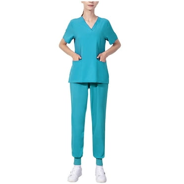 Summer Savings Clearance! Ecqkame Scrub Set for Women Nursing Uniform Stretch Top with Pockets Soft Solid Stretch Workwea Light Blue S