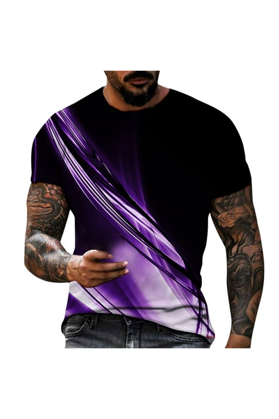 Short Sleeve Casual T-shirts for Men Pattern Printed Round Neck Summer Pullover Undershirt Purple L