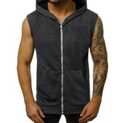 Summer Savings Clearance! Ecqkame Sleeveless Tops for Men Solid Color Sleeveless Zipper Hooded Pockets Sleeveless Athletic Tank Tops for Men Dark Gray L